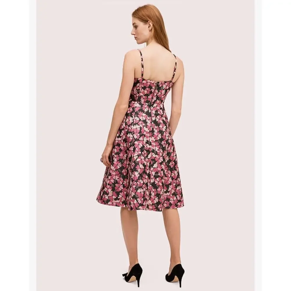 Kate Spade Black + Pink Wallflower Flower Jacquard Metallic Midi Dress - Size 2